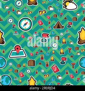 Camping stickers seamless vector pattern. Tourism, travel. Hiking, trip patches zigzag background Stock Vector