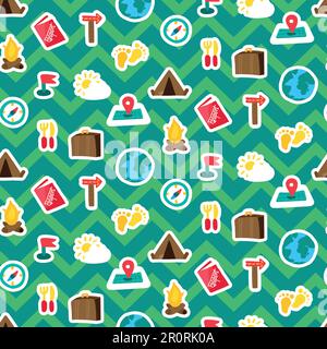 Vacation travel stickers seamless pattern. Tourism. Hiking, camping, trip patches zigzag background Stock Vector