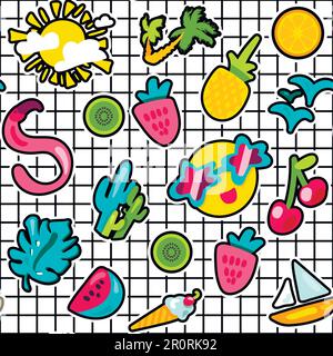 Summer stickers color seamless vector pattern. Holiday, vacation cartoon stickers on grid background Stock Vector