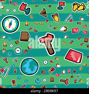 Travel stickers seamless vector pattern. Trip. Hiking, camping stickers on brushstrokes background Stock Vector