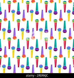 Microphone flat seamless pattern. Disco, party. Karaoke, mic cartoon texture, background design Stock Vector