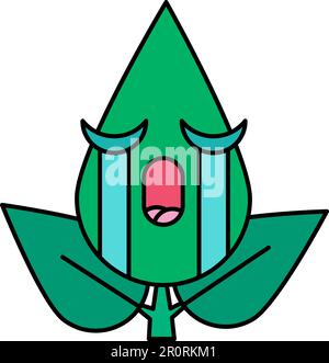 Green leaf grievous emoticon thin line icon. Crying, whining emoji, face shedding tears sticker Stock Vector