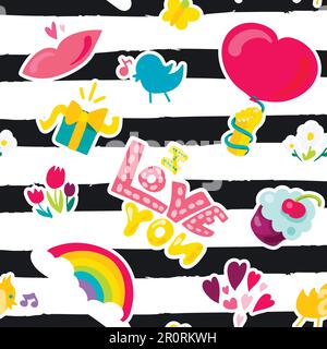 Love stickers seamless vector pattern. Valentine's Day texture. Romantic drawings striped background Stock Vector