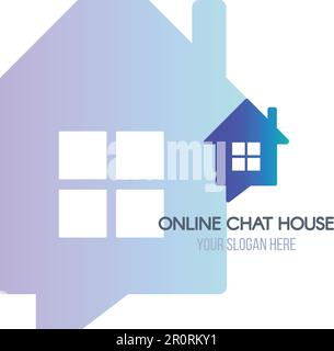 Chatroom flat logo template. Online chat house lettering with copyspace. Blue home logotype design Stock Vector