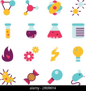 Science research flat icon set. Scientific study vector cartoon symbol pack. Lab test, experiment Stock Vector
