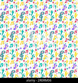 Musical flat vector seamless pattern. Notes, treble clef. Sound, music composing cartoon background Stock Vector