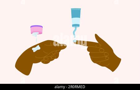 People hands doing morning routine close up vector illustration. Palms applying nourishing cream, lotion, serum flat style drawings Isolated Stock Vector