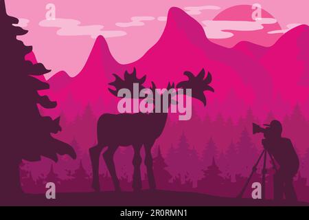 Wildlife photographer flat vector illustration. Minimalistic evening landscape with moose silhouette Stock Vector