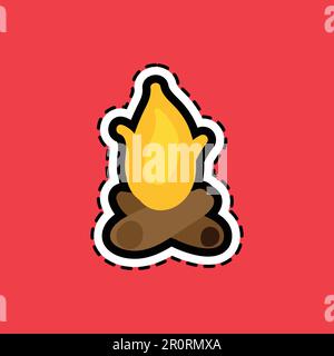 Bonfire flat color vector sticker. Fireplace, campfire with dash line contour. Camping, hiking patch Stock Vector