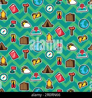 Summer traveling stickers seamless pattern. Tourism. Hiking, camping, trip patches zigzag background Stock Vector