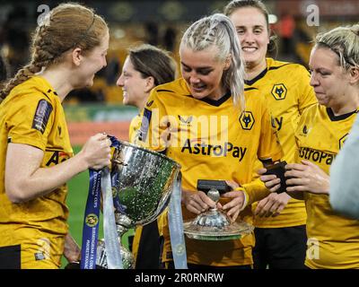 Wolverhampton, UK. 09th May, 2023. Wolverhampton, England, May 9th 2023: Players with the trophy at full time of the Birmingham County Cup final between Wolverhampton Wanderers and Stourbridge at Molineux Stadium in Wolverhampton, England (Natalie Mincher/SPP) Credit: SPP Sport Press Photo. /Alamy Live News Stock Photo