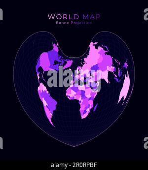 World Map. Bonne pseudoconical equal-area projection. Digital world illustration. Bright pink neon colors on dark background. Cool vector illustration Stock Vector