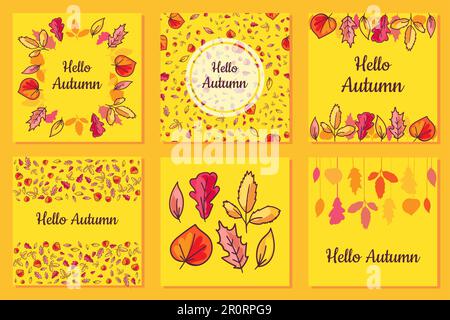 Collection Poster Hello Autumn with Leaves Set Isolated on Yellow Background. Calligraphy Phrase in Center of Different Banner. Decorative Season Card Stock Vector