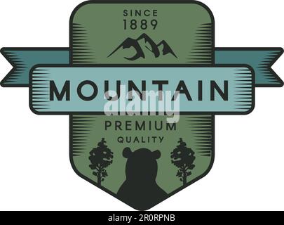 Mountain vector logo template. Recreational park symbol. Wild animal, grizzly bear silhouette Stock Vector