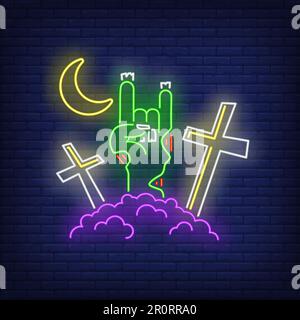 Graveyard with devil horn zombie hand gesture neon sign Stock Vector