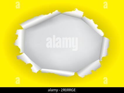 Yellow ripped Paper, oval hole, banner template. Illustration of yellow torn paper with white place for your image or text. Vector available Stock Vector