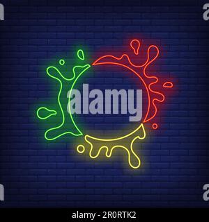 Abstract circle shaped element and paint splashes neon sign Stock Vector