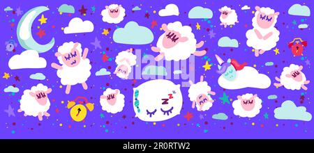 Sweet Dreams and Good Night Funny Concept Banner. White Curly Lambs and Unicorn, Clouds and Moon with Stars, Pillow and Timer on Blue Sky Background. Stock Vector