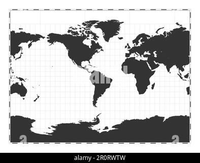 Vector world map. Miller cylindrical projection. Plain world geographical map with latitude and longitude lines. Centered to 60deg E longitude. Vector Stock Vector