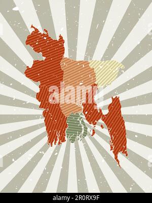 Bangladesh vintage map. Grunge poster with map of the country in retro color palette. Shape of Bangladesh with sunburst rays background. Vector illust Stock Vector
