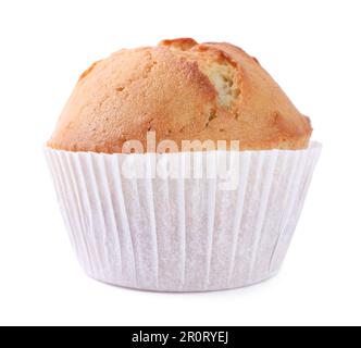 Tasty muffin in paper cup isolated on white Stock Photo