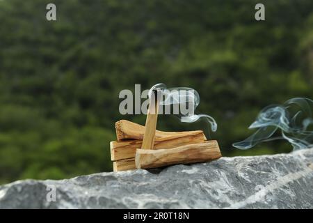 Palo Santo wood known as oily aromatic holy wood sticks smouldering on  plate in home living room cleansing negative energy concept. Bohemian style  Stock Photo - Alamy