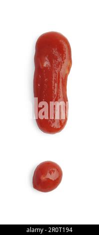 Exclamation mark drawn by ketchup on white background Stock Photo