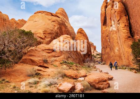 Tourists hiking the Devil's Garden trail to Landscape Arch; Arches National Park; Utah; USA Stock Photo