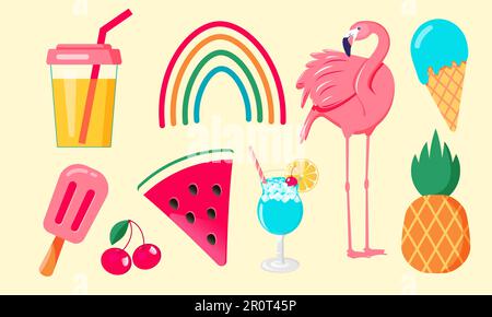 Set of summer icons food, drinks, fruits and flamingo. Vector illustration Stock Vector