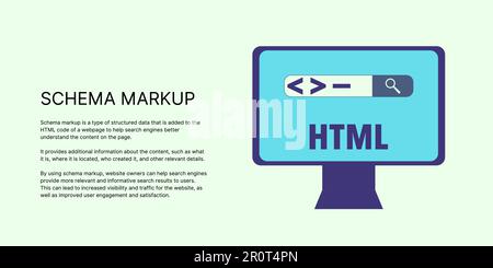 Schema Markup Banner on Light Background. Stylish SEO Banner with Black Text and Monitor Icon for Business and Marketing Stock Vector
