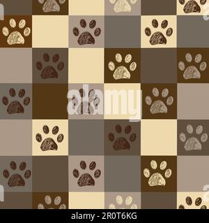 Plaid pattern brown colored paw prints. Seamless fabric design pattern Stock Vector