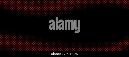 Red halftone wave gradient texture. Retro dotted wallpaper. Comic pop art style checkered frame texture. Wave pattern on black background for banner, flyer, poster, presentation. Vector backdrop. Stock Vector