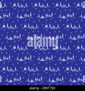 Pattern with winter trees and rural houses. New Year and Christmas design.  Stock Vector