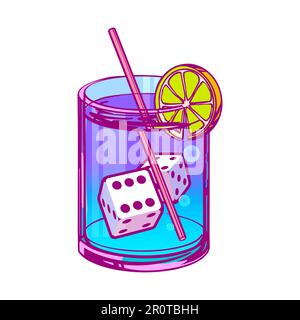 Cocktail with playing ice cubes in pop art style on a white background for printing and design. Vector illustration. Stock Vector