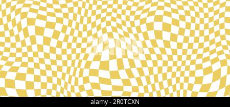 Yellow distorted checkerboard background. Retro psychedelic checkered wallpaper. Wavy groovy chessboard surface. Trippy twisted geometric pattern. Abstract vector backdrop Stock Vector