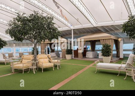 Yokohama, Japan  July 16, 2016 - Cabanas and deck chairs in the adult-only Sanctuary of the Diamond Princess cruise ship. Stock Photo