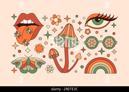 Groovy Elements Set in Retro Hippie Style 70s . Geometric Abstract Vector Stickers: Lips, Eye, Butterfly, Rainbow, Daisy Flower, Mushroom Stock Vector