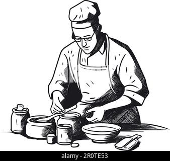 One chef working in a commercial kitchen over white Stock Vector