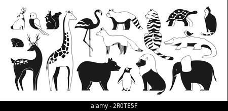 Animal cute monochrome linear set. Hare and parrot, squirrel, frog, giraffe. Panda and bear penguin. Mammals animals characters for baby card. Deer cat turtle fox lion tiger outline design collection Stock Vector