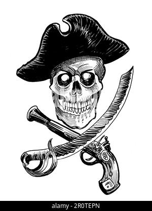 Pirate skull in hat with crossed saber and pistol. Hand-drawn ink on paper sketch Stock Photo