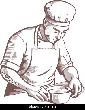 Chef holding bowl of flour, preparing meal over white Stock Vector