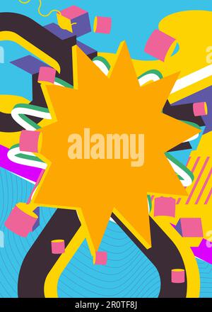 Abstract explosion geometric shapes background. Simple busy vibrant colors geometrical graphic art poster. Vintage random geometry template. Stock Vector