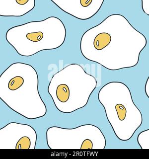 Colorful seamless pattern with fried eggs on blue background. Backdrop with tasty cooked breakfast dish, morning meal. Stock Vector