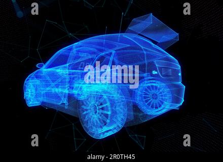 Abstract image of a sports car in the 3d form or space, consisting of points, lines and shapes. Car wireframe concept Stock Photo