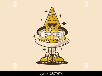 Slice pizza character design with shy expression in vintage style Stock Vector