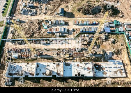 reinforced concrete foundation for multistory apartment building under construction. aerial view. Stock Photo