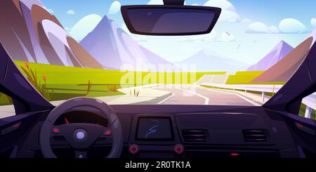 Inside car view drive mountain road vector illustration. Driver dashboard in cockpit with wheel and navigation screen. Spring highway and nature landscape backdrop from unmanned vehicle windshield. Stock Vector