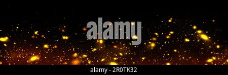 Golden firefly light with fairy dust. Magic glow isolated vector effect. Night bokeh glowworm sparkle texture isolated on dark transparent background. Beautiful flare overlay with glitter particle Stock Vector
