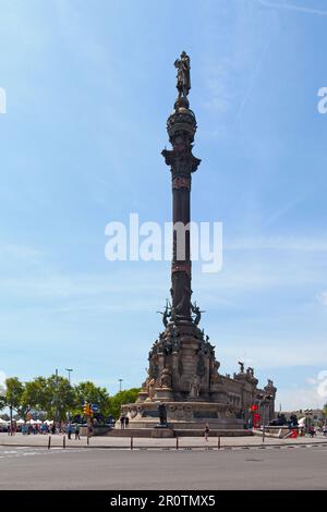 Barcelona, Spain - June 08 2018: The Columbus Monument (Catalan: Monument a Colom) is a 60 m (197 ft) tall monument to Christopher Columbus at the low Stock Photo