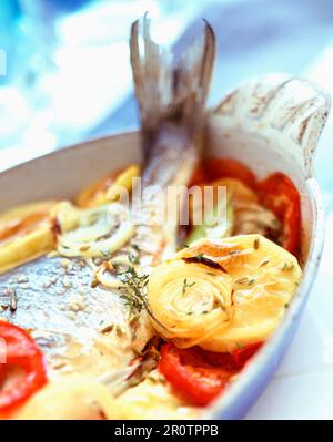 Baked fish with grilled vegetables Stock Photo